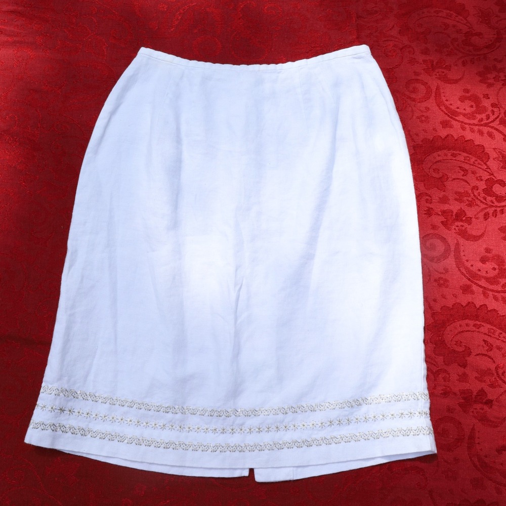 Norton McNaughton Linen Skirt Womens 10 White Excellent Embroidered A-Line Hem